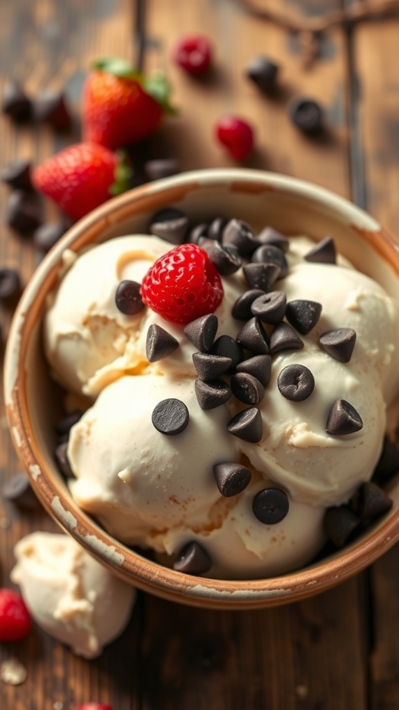 Creamy Oat Milk Ice Cream Recipe A bowl of oat milk ice cream topped with chocolate chips and berries on a wooden table.